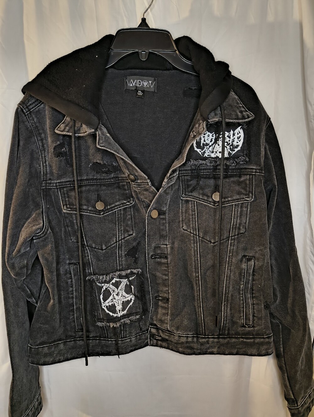 Widow Fatal Hour hooded denim jacket featuring distressed black denim and gothic
